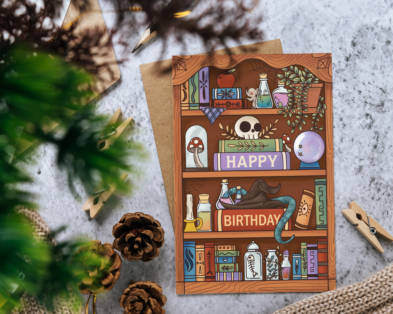 Birthday Card - Witchy Bookcase