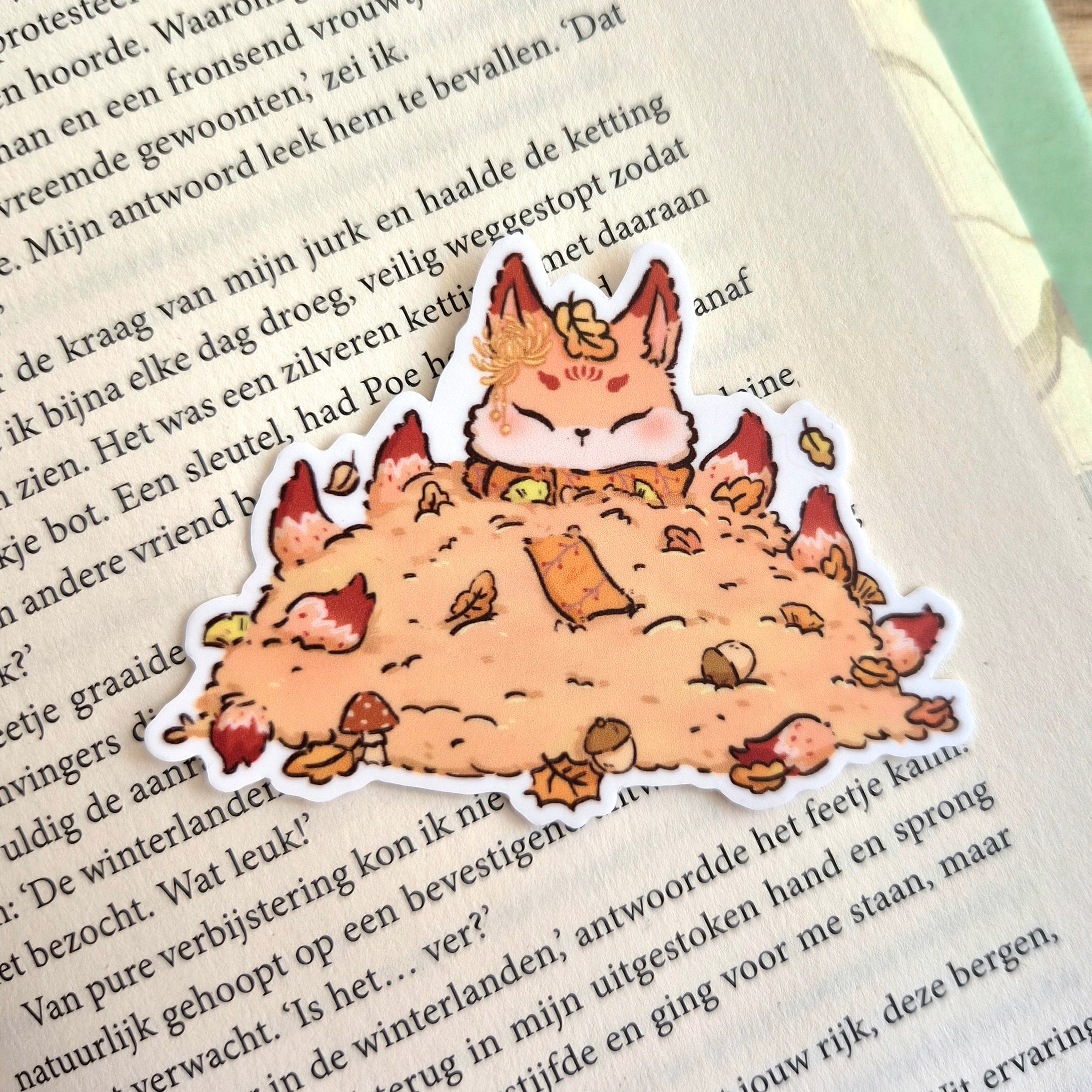 Bookish Sticker - Leaf Pile Kitsune
